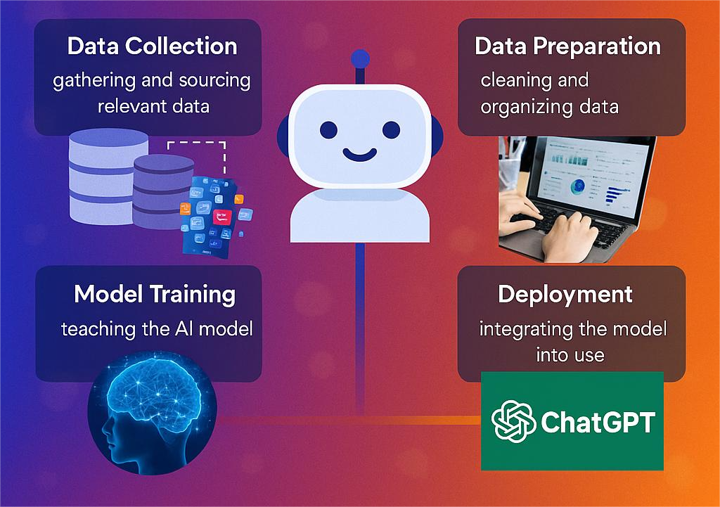 Illustration showing AI training pipeline from data to deployment, with icons for data, model, and cloud deployment