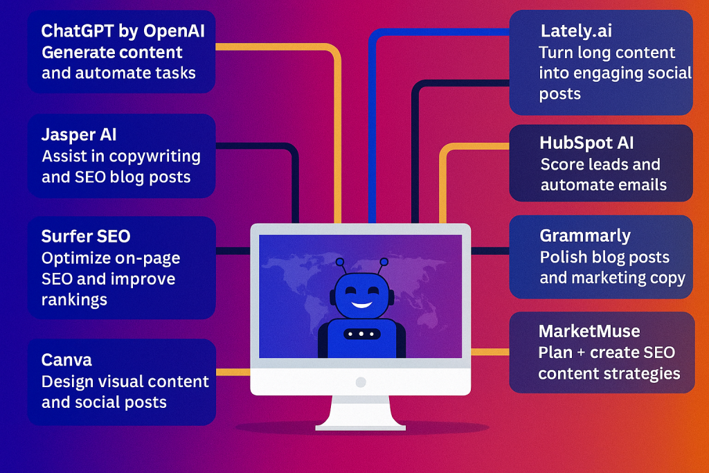 Infographic showing 8 top AI tools for digital marketers in 2025.