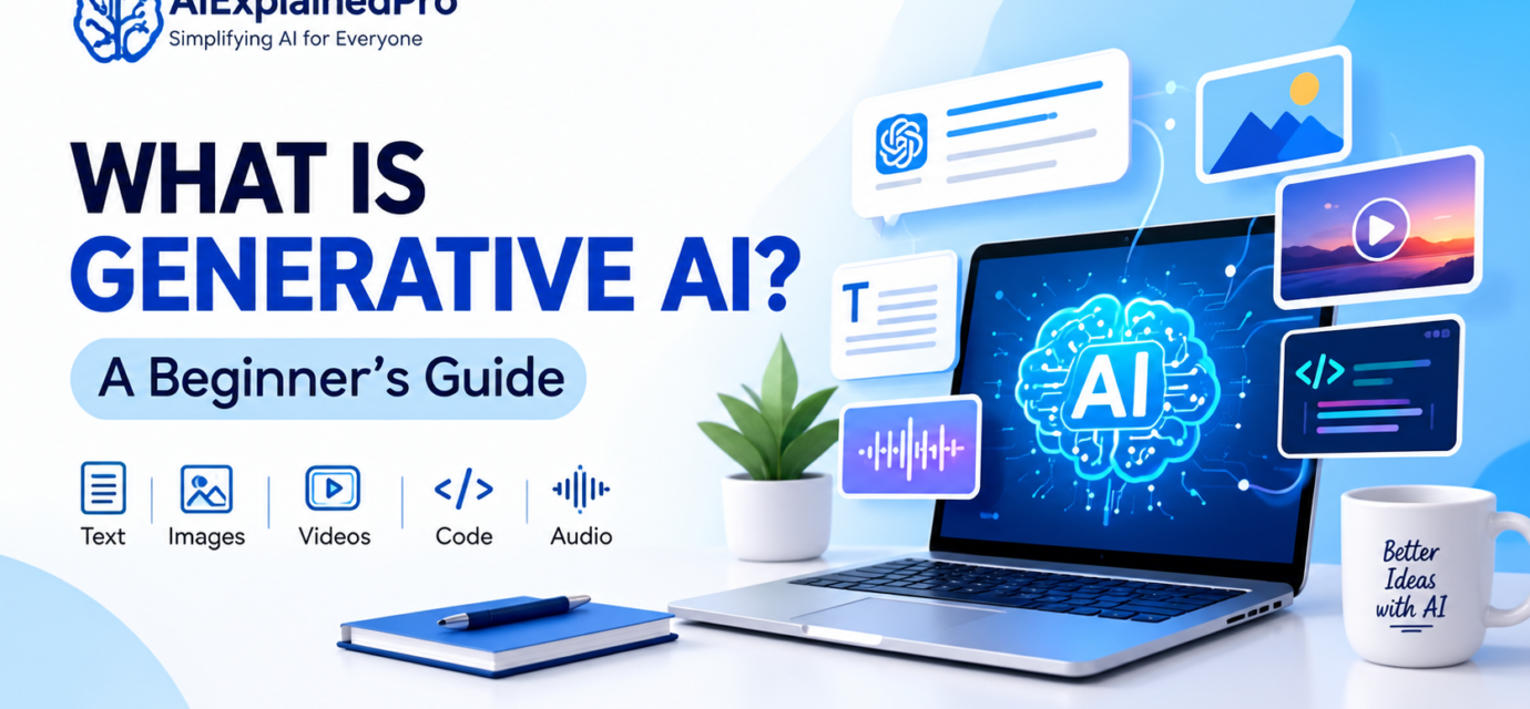 What is Generative AI beginner guide showing AI creating text images video and code