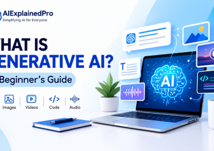 What is Generative AI beginner guide showing AI creating text images video and code