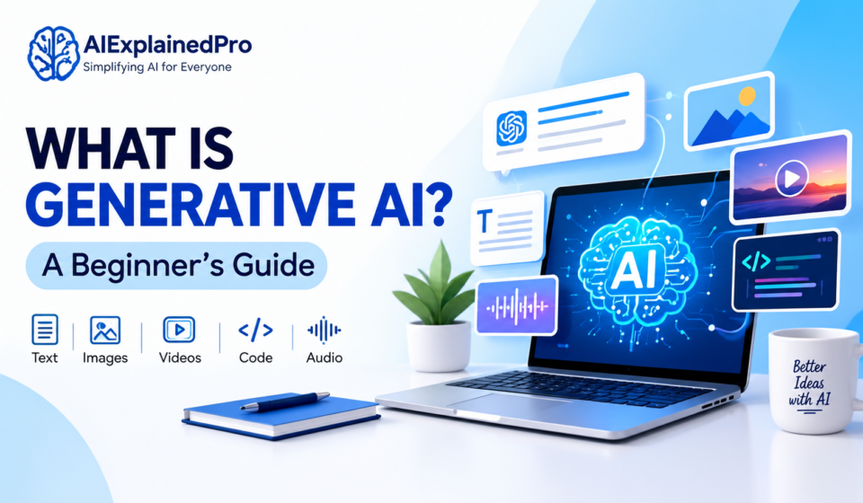 What is Generative AI beginner guide showing AI creating text images video and code